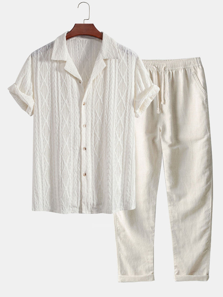 Geometric Jacquard Cuban Shirt & Straight Linen Trousers