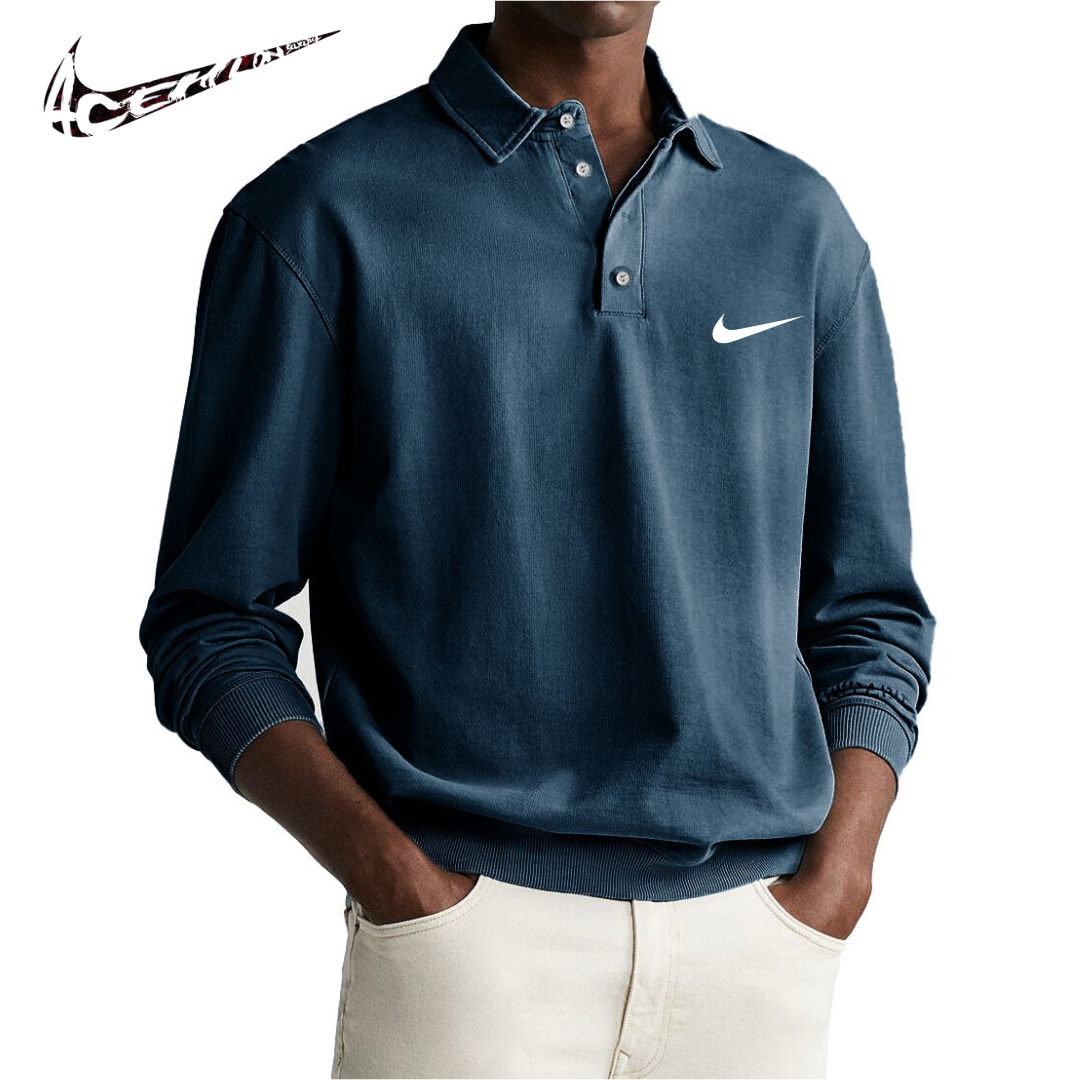 Men's Retro Distressed Comfortable Long Sleeve Polo with Collar