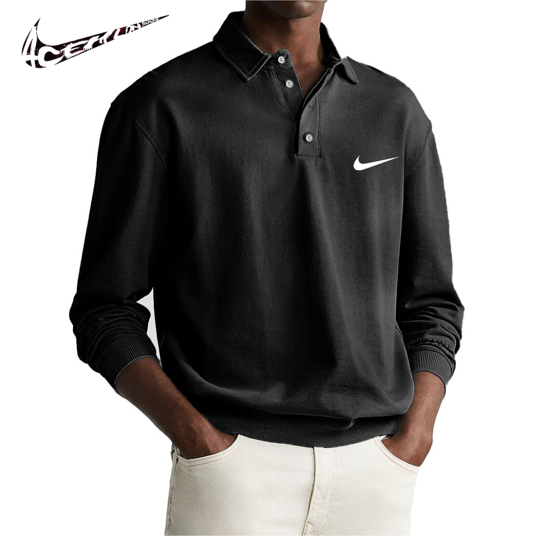 Men's Retro Distressed Comfortable Long Sleeve Polo with Collar