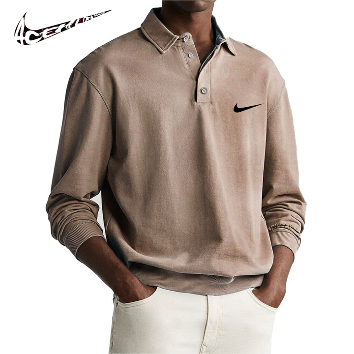 Men's Retro Distressed Comfortable Long Sleeve Polo with Collar