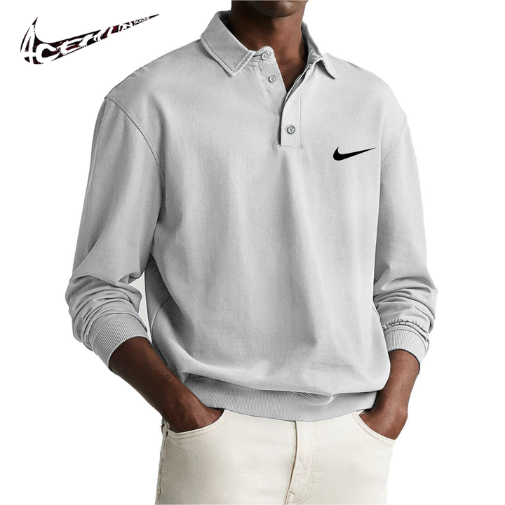 Men's Retro Distressed Comfortable Long Sleeve Polo with Collar