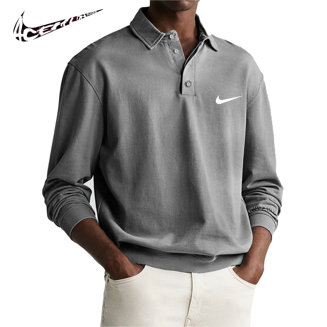 Men's Retro Distressed Comfortable Long Sleeve Polo with Collar