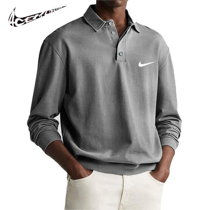 Men's Retro Distressed Comfortable Long Sleeve Polo with Collar