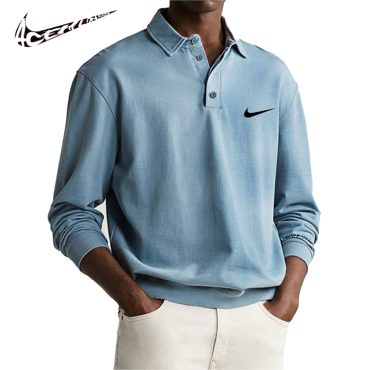 Men's Retro Distressed Comfortable Long Sleeve Polo with Collar