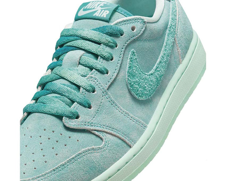 Low retro leather and textile shoes in faded green aquamarine