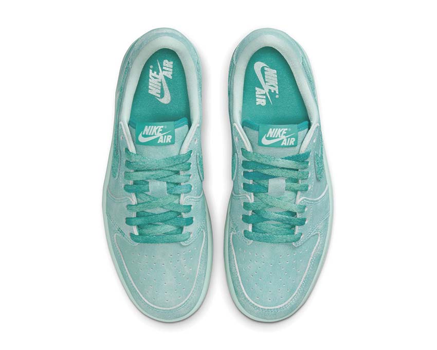 Low retro leather and textile shoes in faded green aquamarine