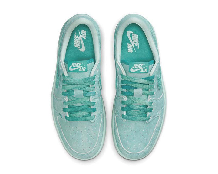 Low retro leather and textile shoes in faded green aquamarine