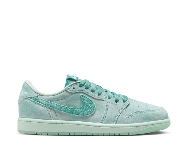 Low retro leather and textile shoes in faded green aquamarine