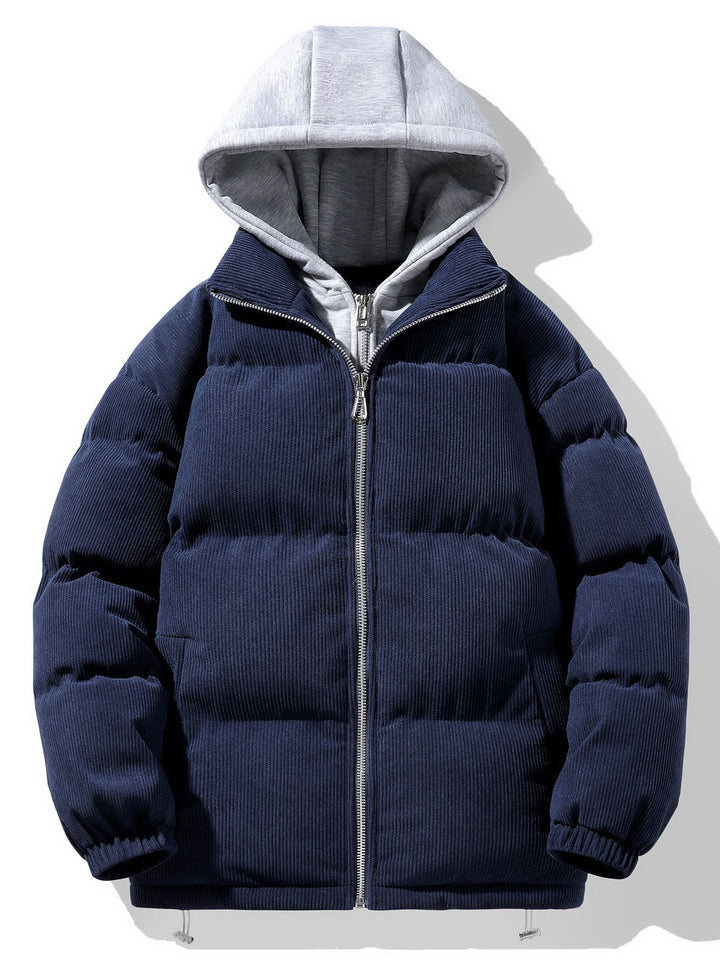 Hooded Puffer Jacket with Zip in Corduroy 2 in 1