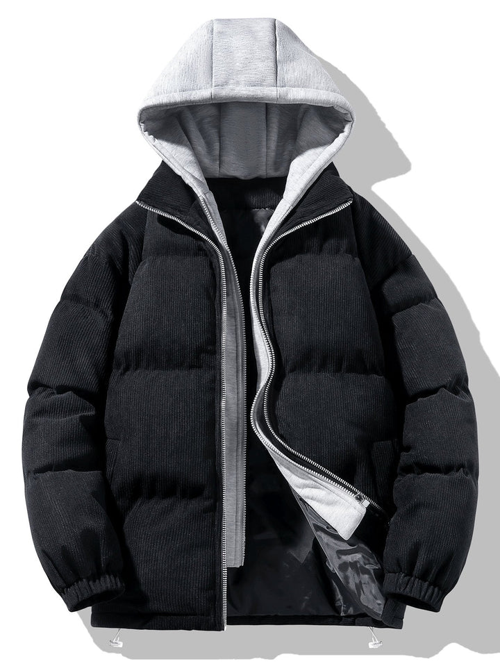 Hooded Puffer Jacket with Zip in Corduroy 2 in 1