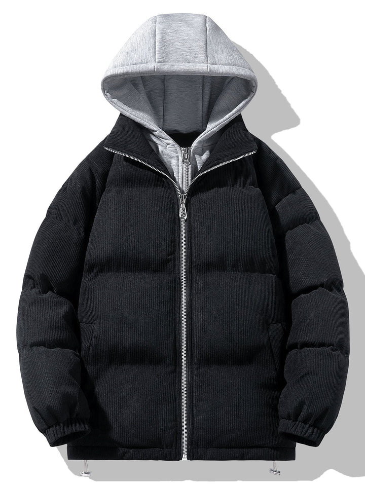 Hooded Puffer Jacket with Zip in Corduroy 2 in 1