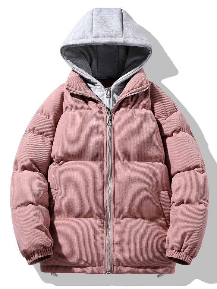 Hooded Puffer Jacket with Zip in Corduroy 2 in 1
