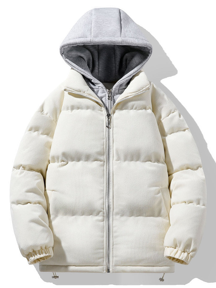 Hooded Puffer Jacket with Zip in Corduroy 2 in 1